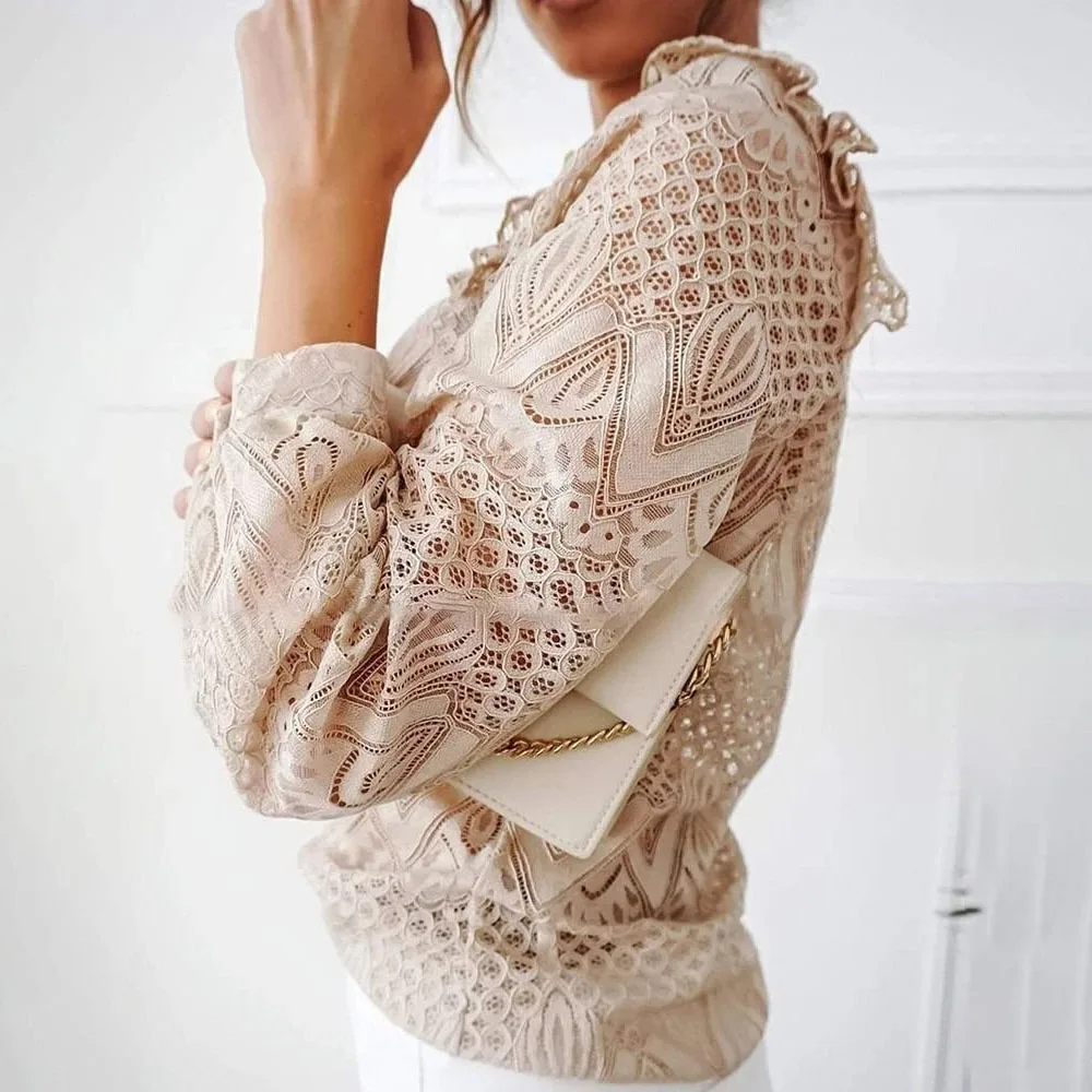 

Blouse 2021 Spring Summer New Elegant Ruffled Stand Collar Shirt Women Mesh Perspective Stitching Shirt Casual Korean Tops