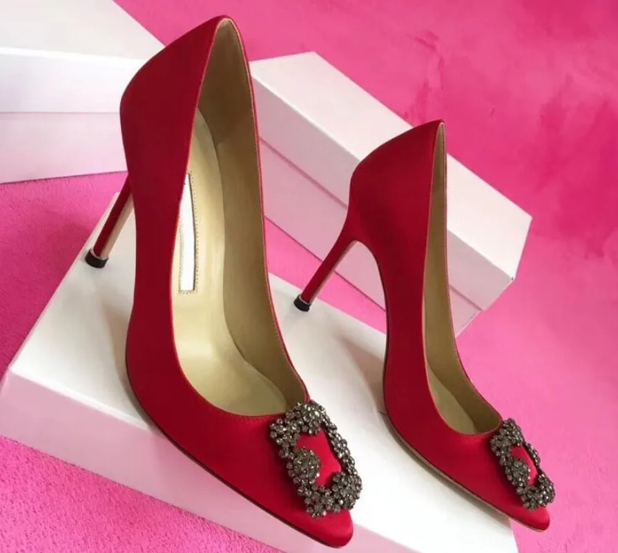 

2022 new Brand MB Pumps Women High Heel Shoes 6 8 10cm Spring Pointed Rhinestone Square Buckle Satin Women's Wedding Shoes 35-43