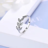 new fashion shiny crystal paved finger rings cute branch leaf plant opening design ring band female lyrical wedding ring jewelry