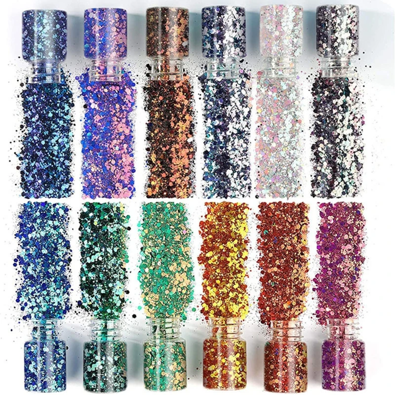 

Craft Glitter Set 12 Colors Holographic Glitter Resin Slime Cup Rainbow Glitter Film Suitable for Body Face Nail Art
