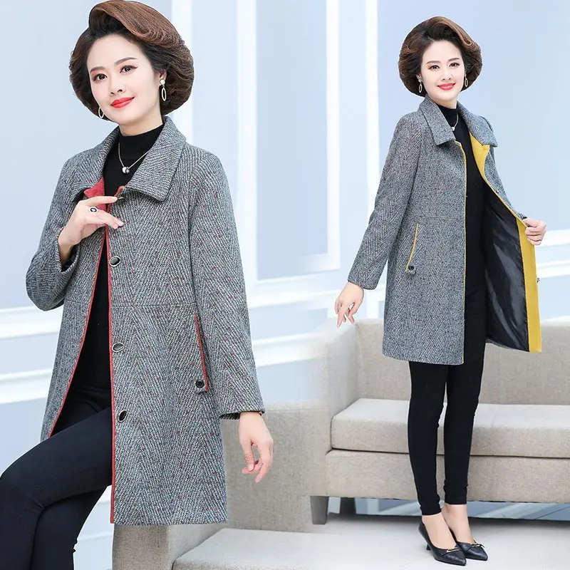 

Middle-aged Women Woolen Coat Winter Thicken Wool Coat Female Med Long noble Keep Warm Jacket Plus Size Outerwear