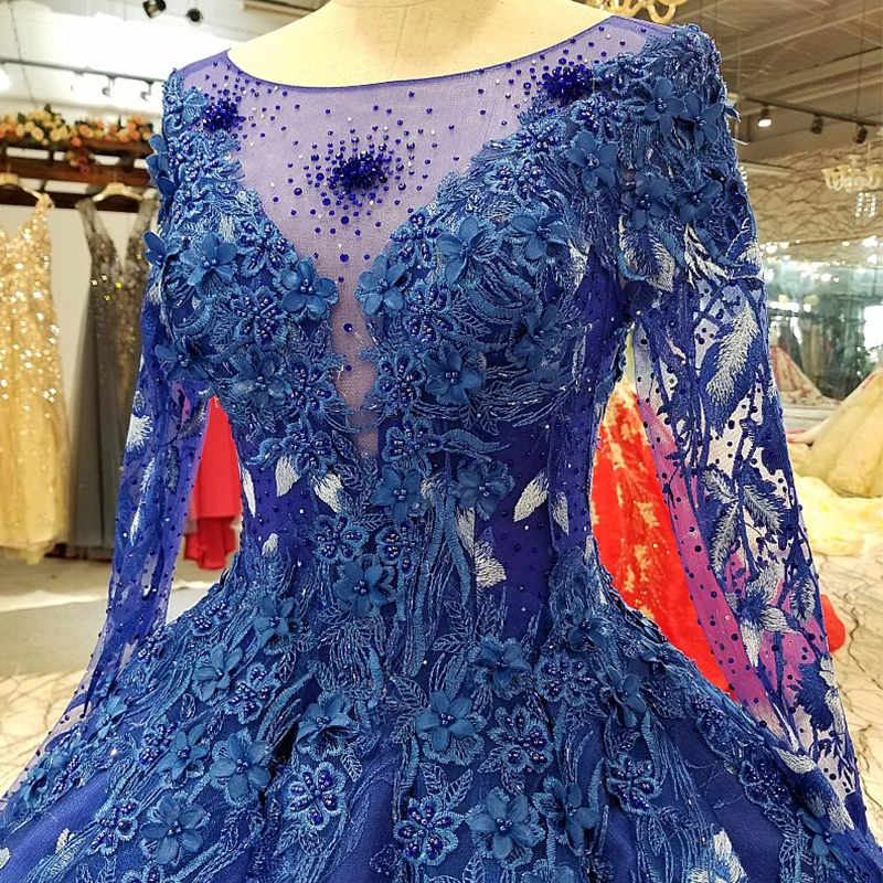 LS24788 Royal Blue Floor Length Puffy Evening Dress 2021 O-Neck Long Tulle Sleeves Women Occasion Gowns