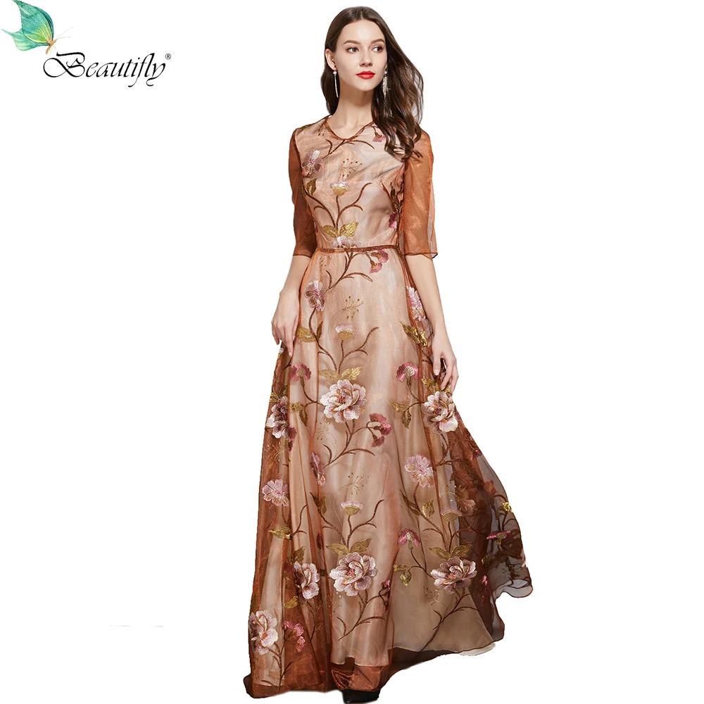 Beautifly Eugenia/оранжевые платья макси с вышивкой круглым вырезом молнией сзади длина