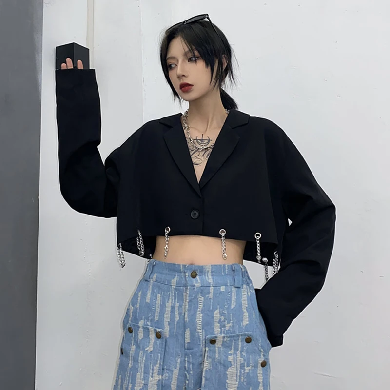 

Goth Harajuku Women's Blazers Designer Metal Chains Jackets Notched Outerwear Hollow Out Tops for girl Loose Jacket