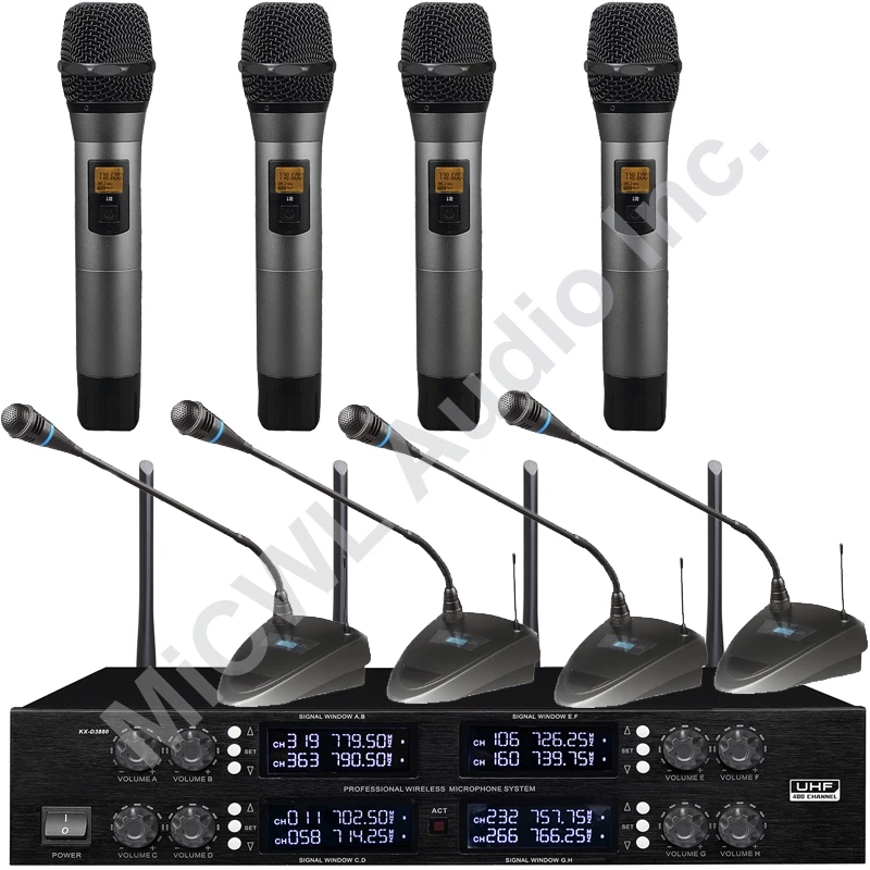 Микрофон беспроводной MiCWL Professional Audio с 400 каналами, 4 настольными гусиничными микрофонами, металлическим ручным радио-беспроводным системой в комплекте.