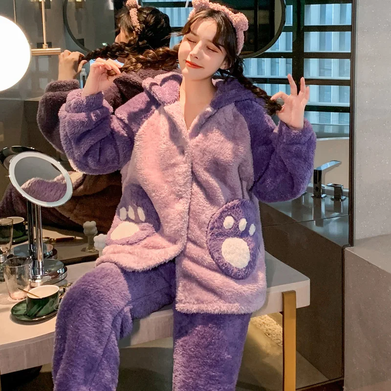 Winter Pajamas Plush Women Sleepwear Loose Version Pajama Set Inspissate Nightgown High Quality Packed Thicken Hooded женский