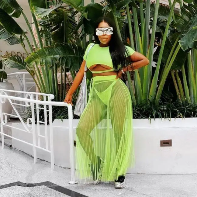 

BKLD Two Pieces Skirt Set Women Short Sleeve Cut Out Tops And Mesh Sheer Long Maxi Skirt Sets 2019 Summer Neon Two Piece Outfits