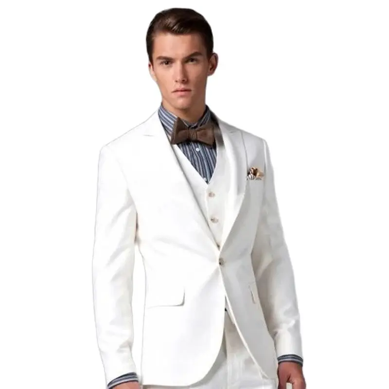 

2022 High Quality Costume Made White Peaked Lapel Single Button Men Suits Tuxedos Slim Fit Wedding Formal Wear 3 Pieces