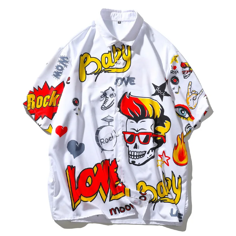 

2021 Summer New Hawaiian Men Oversized Casual Short Sleeve Shirt Fashion Men's Funny Hand Painted Printed Harajuku Beach Shirts