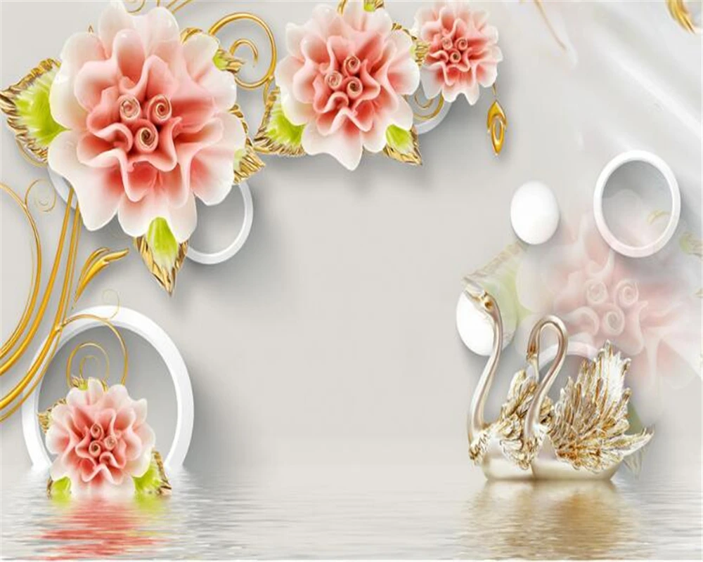 Большой пользовательский 3D стерео нефритовый резной розовый Лебедь ТВ фон для