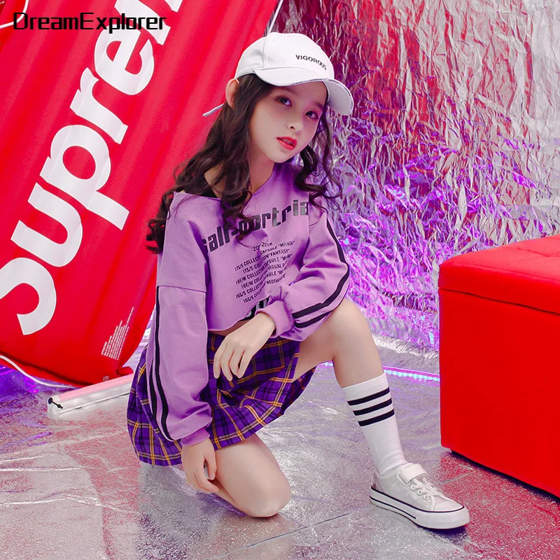 

Girls Sweatshirt Hip Hop Mini Skirt Kids Crop Tank Top Street Dance Teen Tartan Outfit Child Jazz Rap Streewear Clothing Costume