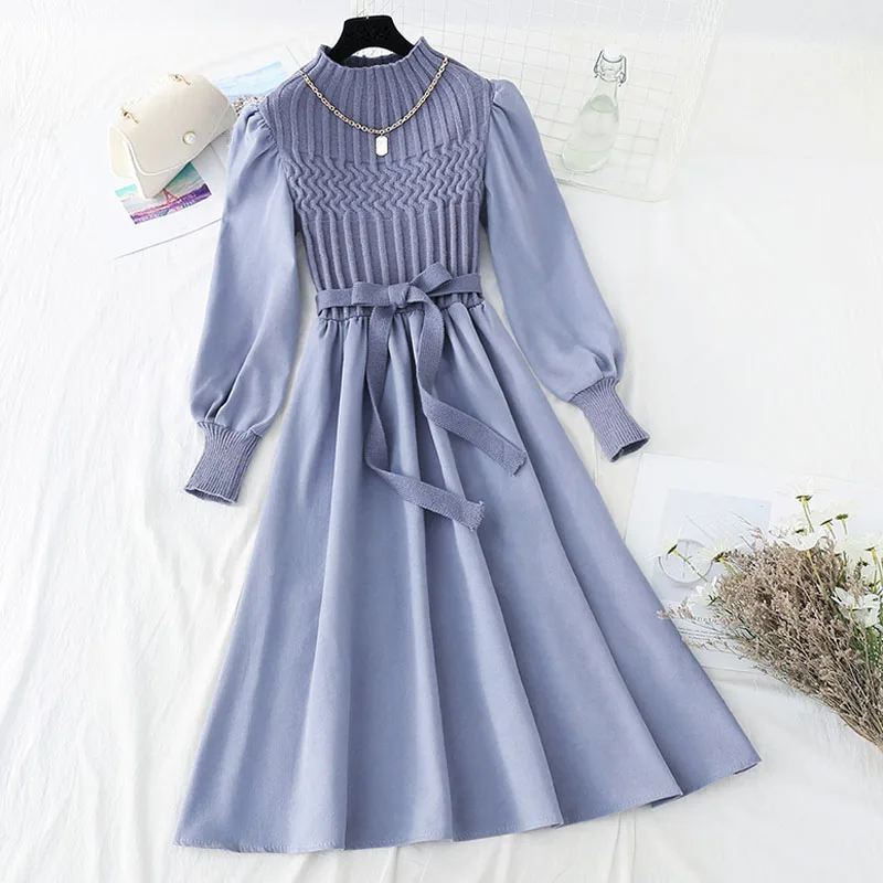 

2021 New Fashion Women vintage Party Dress Knitting Long Sleeve Half high collar Autumn And Winter Dress Office Dress Vestidos