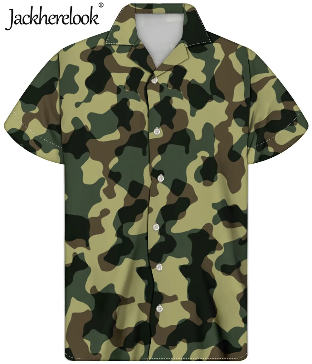 

Jackherelook New Men Hawaiian Shirts Army Green Camouflage Pattern Fashion Short Sleeve Top Shirt for Men's Clothing Plus Size