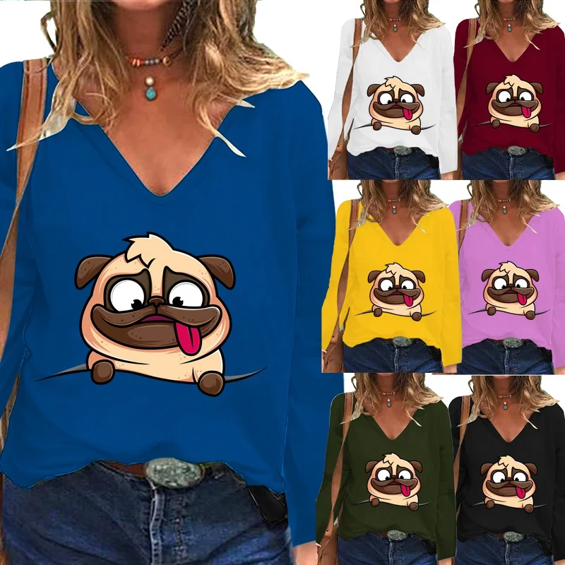 

Модная одежда с принтом для женщин, пуловер с V-образным вырезом, топ, новинка на осень и зиму, свободная рубашка большого размера с длинным р...