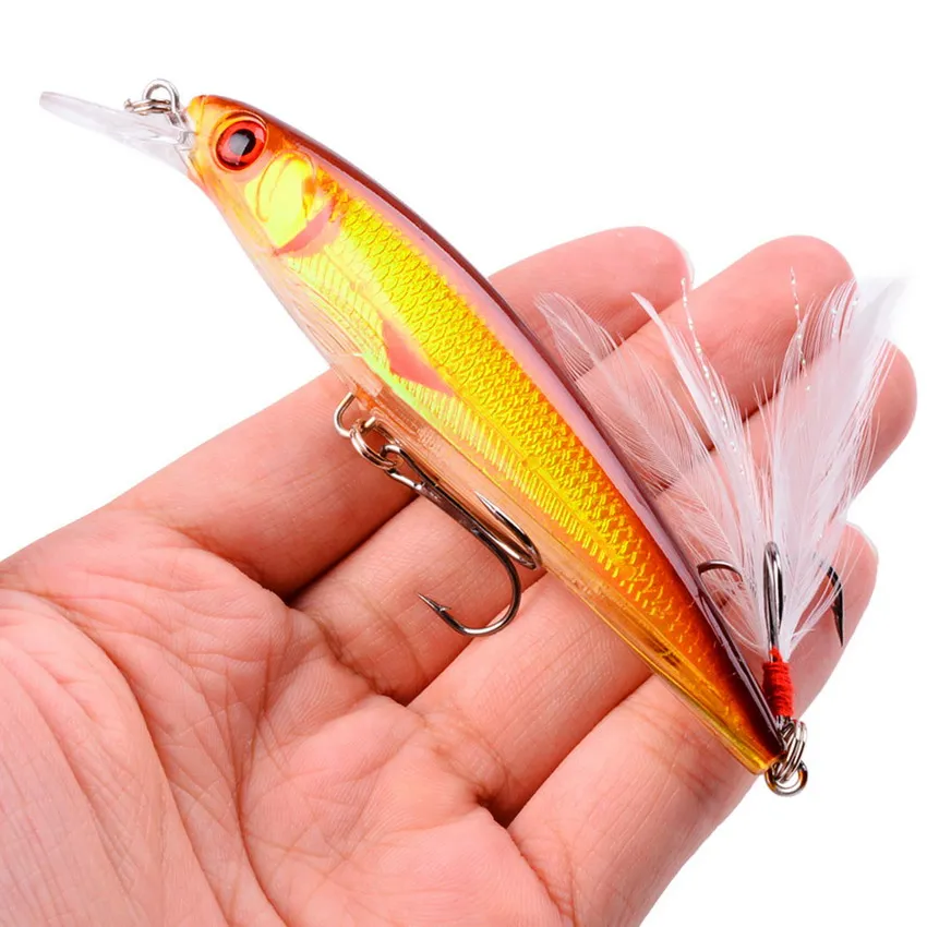 A with feather hook 1 шт. блесна рыболовные приманки 3D глаза плавающие лазерные жесткие рыболовные воблеры кренкбейт пластиковые приманки Pesca Isca 11 см 13,5 г - Цвет: A with feather hook