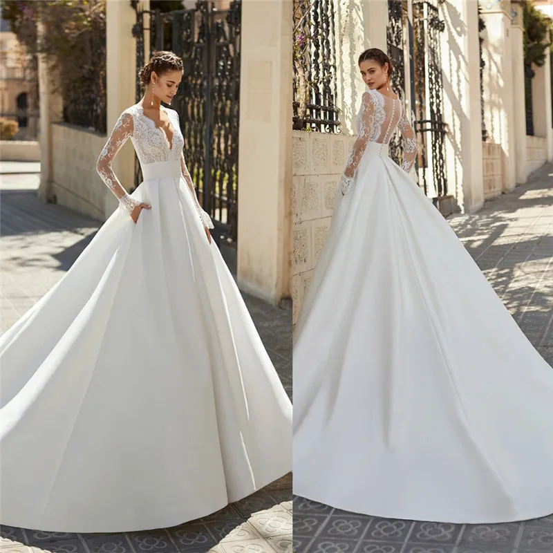 

Sexy Deep V-Neck Lace Long Sleeves A-Line Wedding Dress Satin Long Bridal Gowns Pleated With Buttons Back Long Ladies Maxi Dress