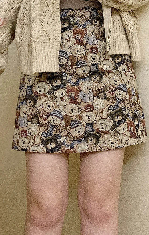 Милая винтажная Жаккардовая юбка в японском стиле ретро мишка тедди с высокой