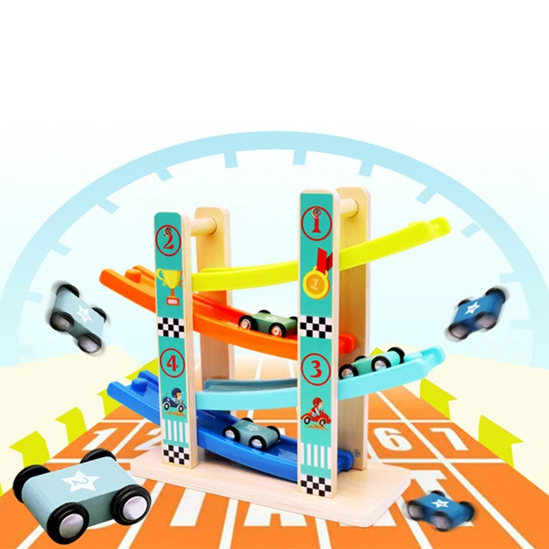 

Wooden Car Ramps Race - 4 Level Toy Car Ramp Race Tract Includes 4x Wooden Toy Cars