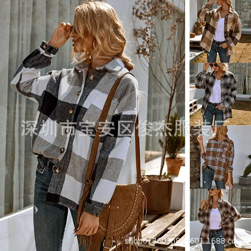 

Women Check Overshirt Turn-down Collar Overshirt Long Sleeves Fastening Buttons Female Top Mujer Fashion Plaid Casual Coat