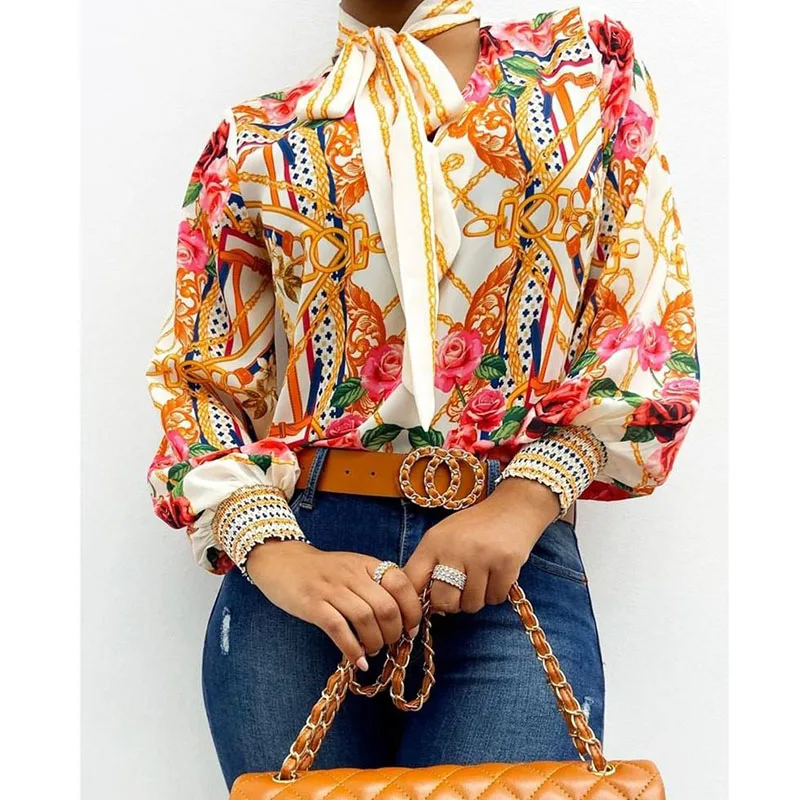 Блузка женская с принтом барокко и шарфом элегантная рубашка рукавами