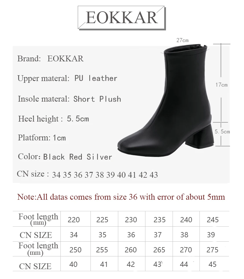 Eokkar 2020 Women Ankle Boots Ladies Boots Square Toe Pu Leather All Match Winter Women Boots Zipper Ladies Shoes Size 34-43