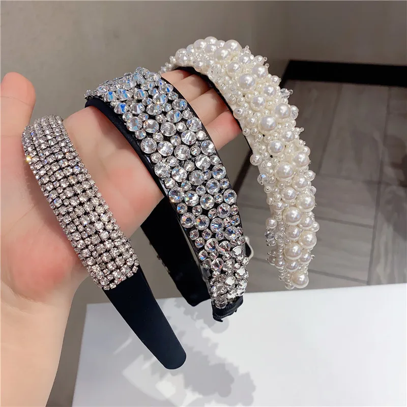 

Elegant Women Crystal Hairband Bezel Full Rhinestone Pearl Headbands for Women Europe Lady Hair Hoop Wedding Hair Accessories