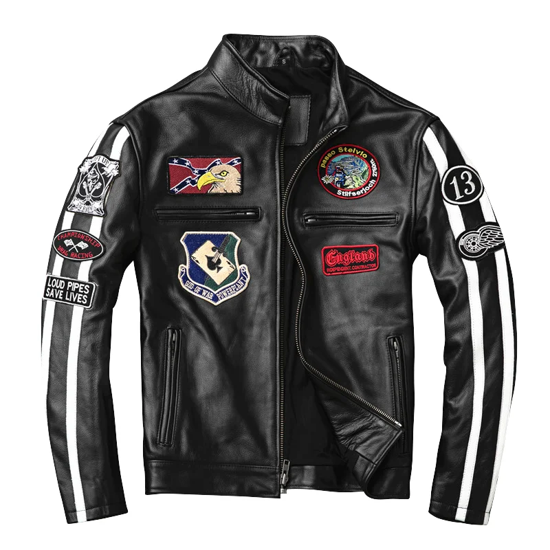 

Men's Genuine Cowhide Multi-label Embroidered Black Leather Jacket Short Slim-fit Motorcycle Suit Jacket Leather jacket Coat