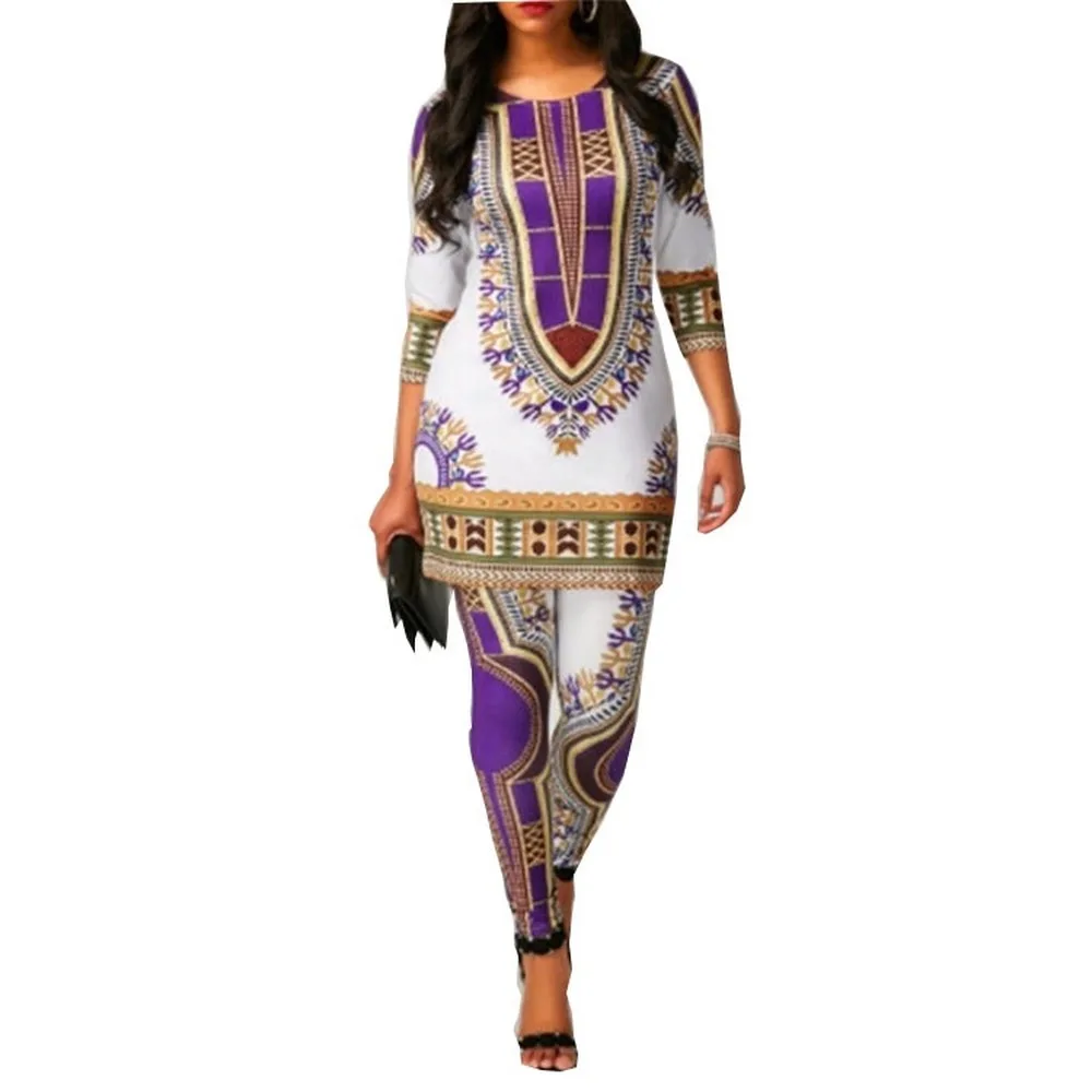 

2 Piece Set Women Fashion Printing Ethnic Style Elastic Waist Pullover -Neck Half Sleeves Plus Size Two Piece Set Lugentolo
