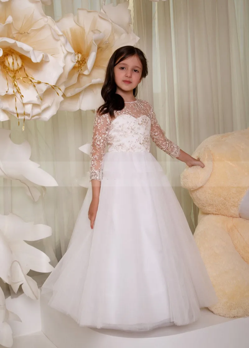 

First Communion Dresses for Girls Lace Applique Kids Evening Gowns Long Sleeves Flower Girl Dress Wedding Party