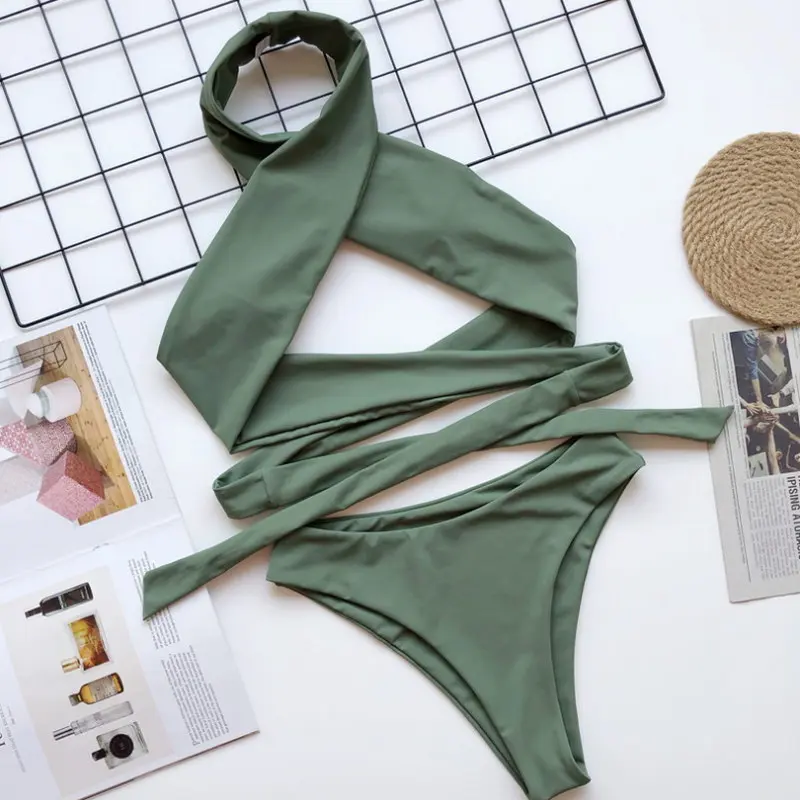 

2020 Latest Design Individual Women Sexy Halter Swimsuit Cut Out Bandage Plain Bikini