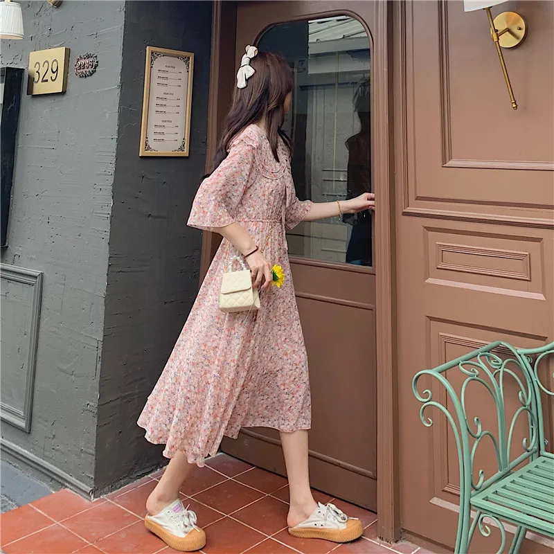 

COIGARSAM Floral Print Women dress Chiffon Peter pan Collar Dresses 7661