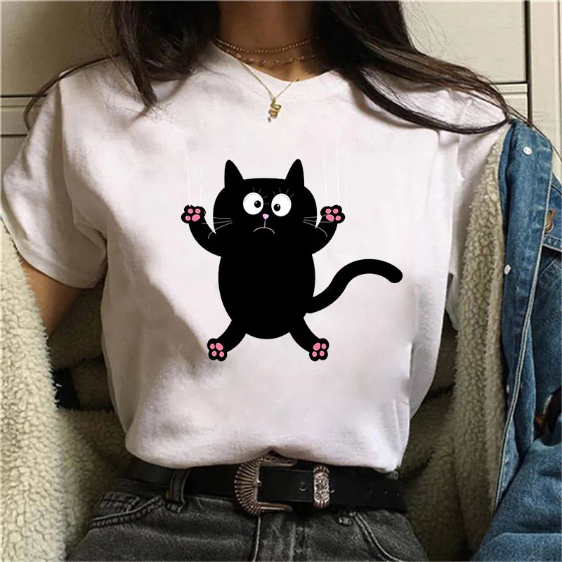 

Black Cat What Print T Shirt Women Short Sleeve Round Neck Graphic Tees Women Casual Summer Tops Harajuku Kawaii Tee Shirts