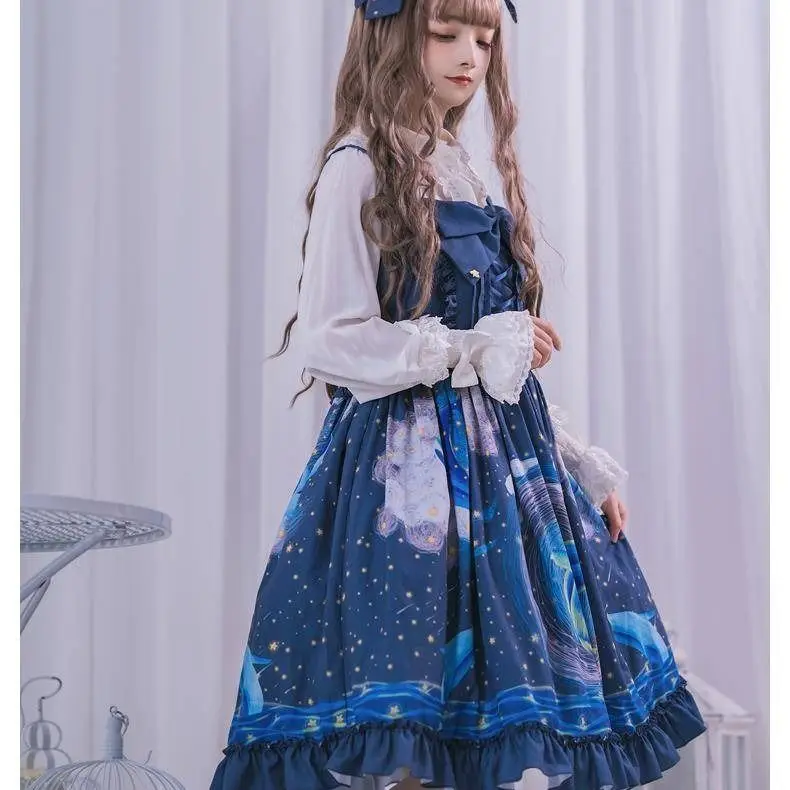 Мягкое платье для девочек в готическом стиле голубое с высокой талией и принтом |