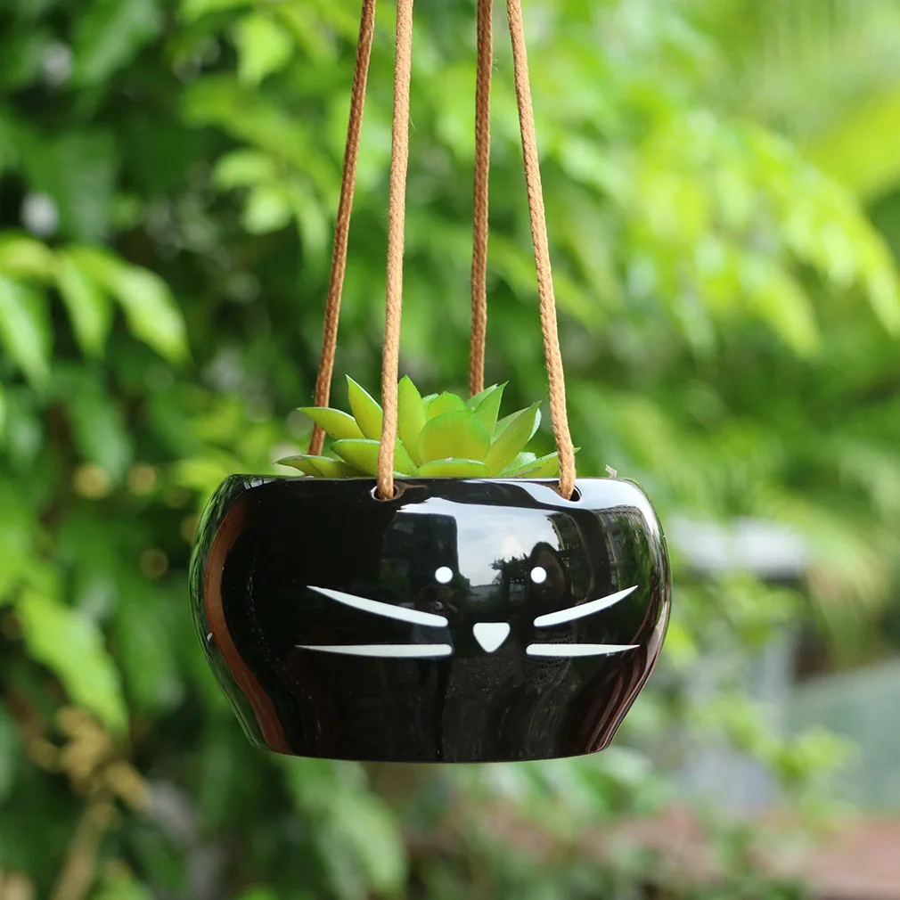 

Black and White Cat Hanging Flower Pots Ceramic Pot Succulent Planter Home Decoration