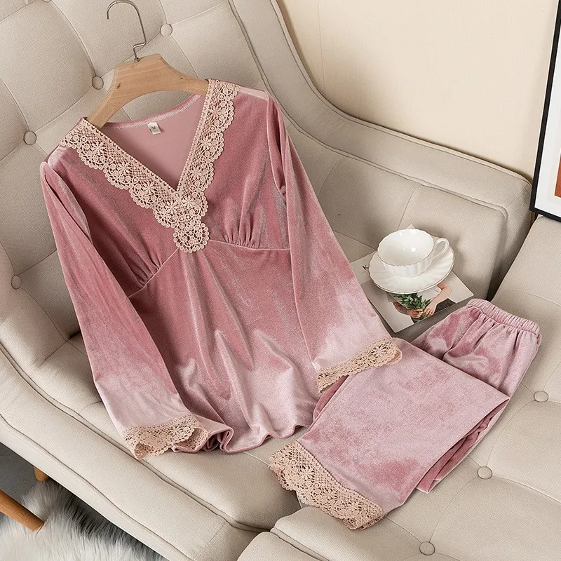 2PCS Velvet Women Pajamas Suit Winter Warm Sexy Bride Bridesmaid Wedding Sleepwear Nightgown Casual Loose Kimono Bathrobe Gown