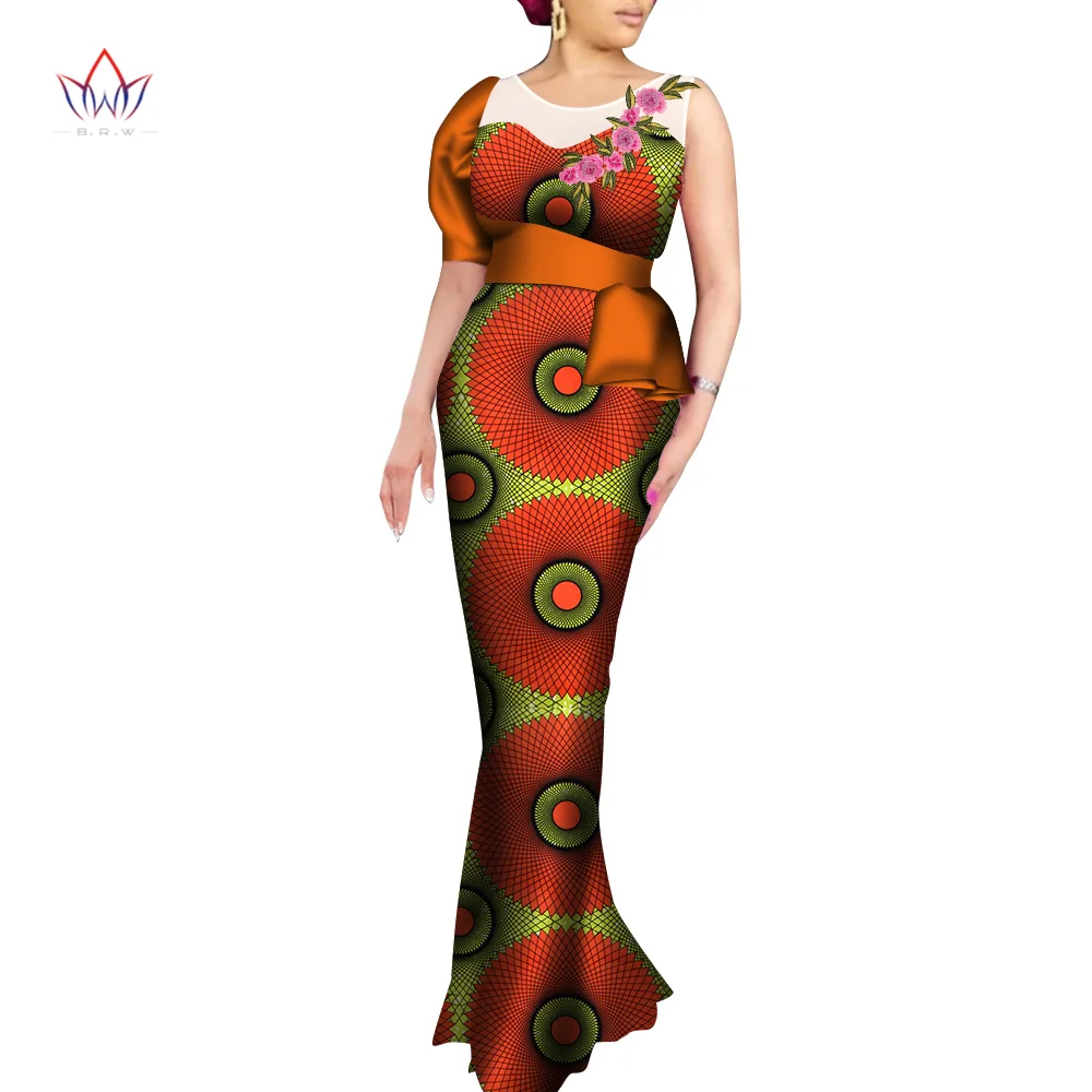 African Print Long Mermaid Dress for Women Rich Patchwork Belt Slash Neck Dresses African Women Clothing Party Dress WY7468