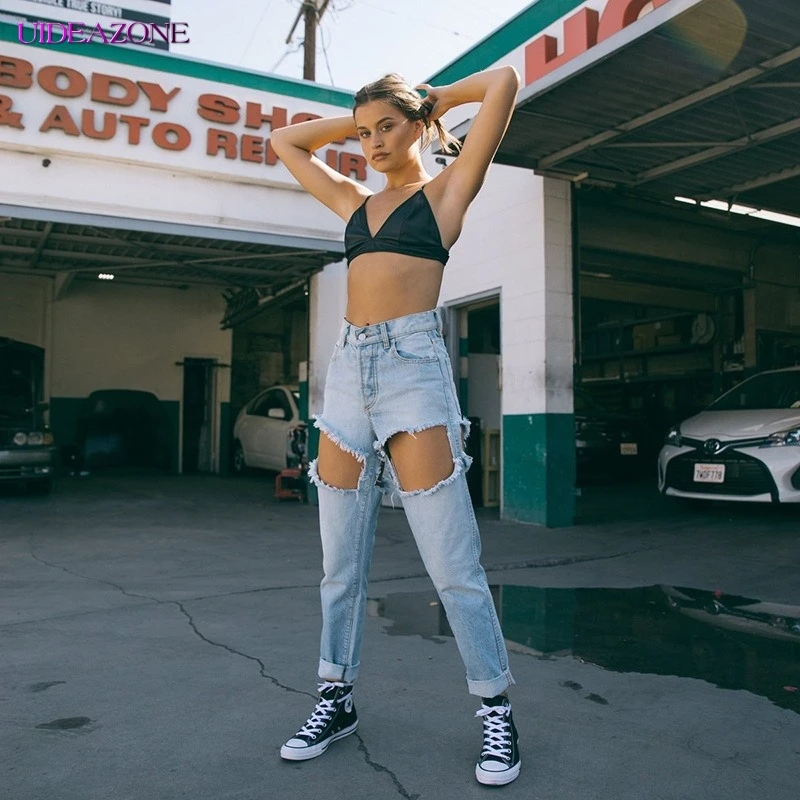 Женские джинсы с высокой талией UIDEAZONE однотонные свободные дырками и карманами
