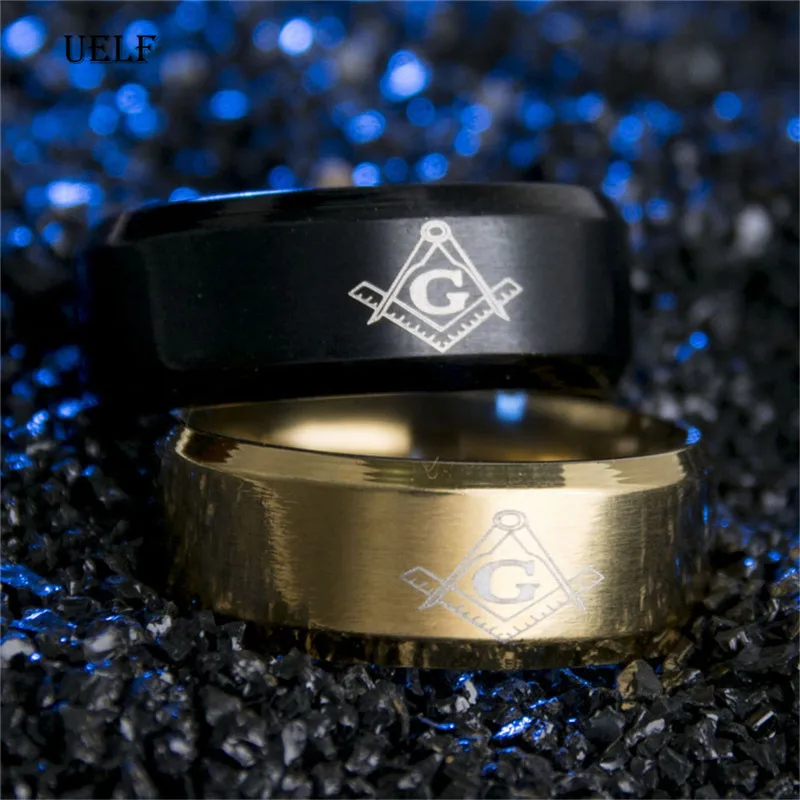 Мужское Винтажное кольцо масоны Uelf золотистое/серебристое/черное с перстнем
