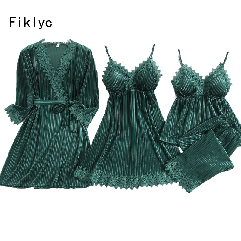 

Нижнее белье Fiklyc из четырех предметов, женские зимние полосатые теплые пижамные комплекты, сексуальная женская одежда для сна с v-образным в...