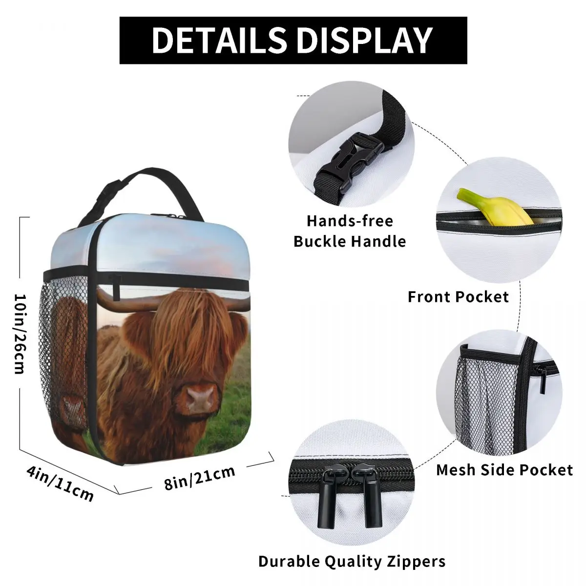

Highland Cow Lunch Bag for Women Men Large Insulated Lunch Box with Water Bottle Holder and Pockets