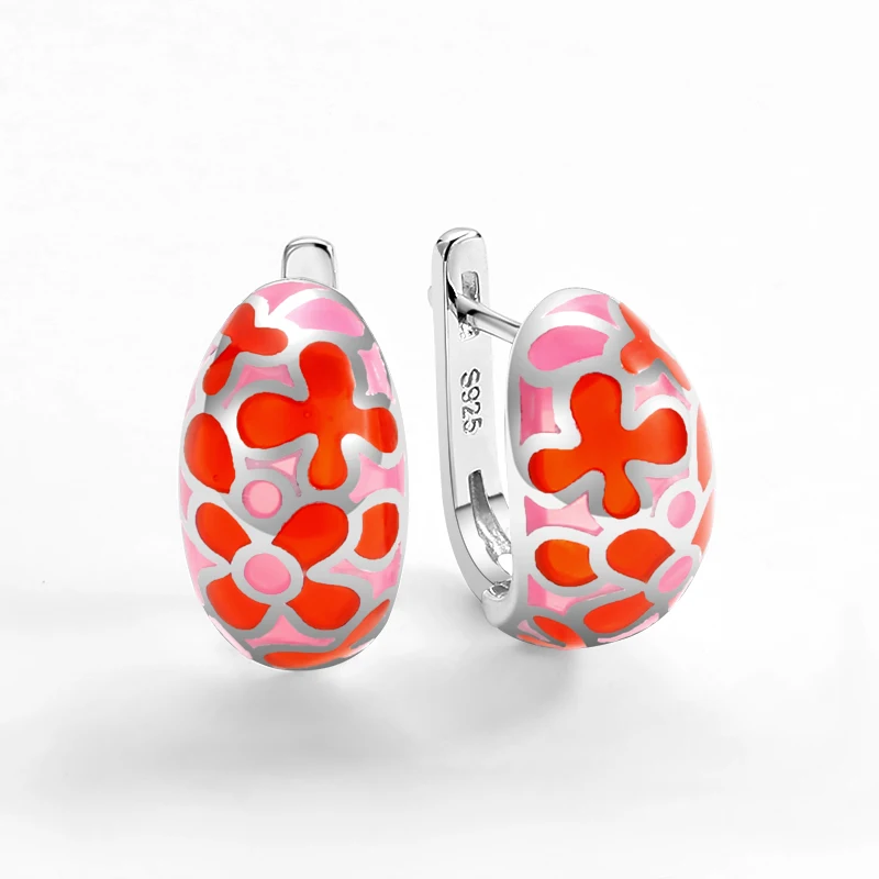 

2020 Orange pink painting Flowers Earrings for women Geometric shape 925 Sterling Silver charms earrings Party Handmade Enamel