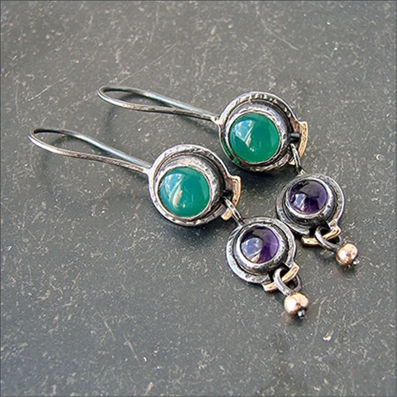 

Lovely Small Round Green Purple Stone Drop Earrings for Women Boho Tribal Brincos Black Gold Metal Dainty Earring Jewelry 2021
