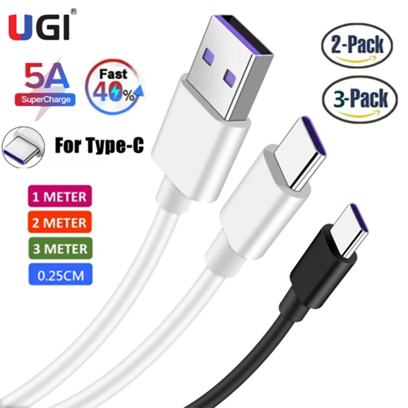 

UGI 5A Fast Charging Type C USB C Cable Lot For Samsung Huawei Xiaomi RedMi Android Mobile Phone Data Sync White 2 Pack 3 Pack