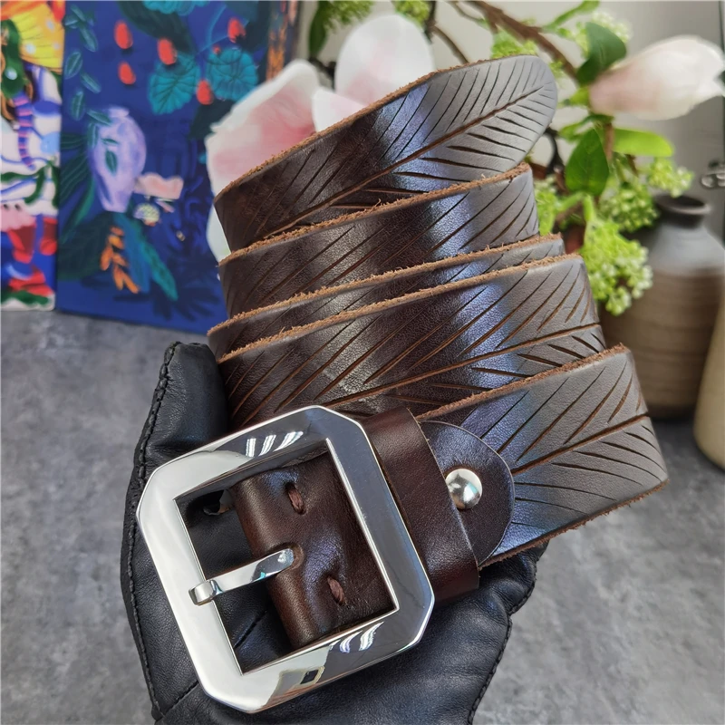 Stainless Steel Belt Buckle Hand Carving Desiger Luxury Belt Ceinture Think Leather Belt Men  Vintage Waist Men's Belt  SBT0014