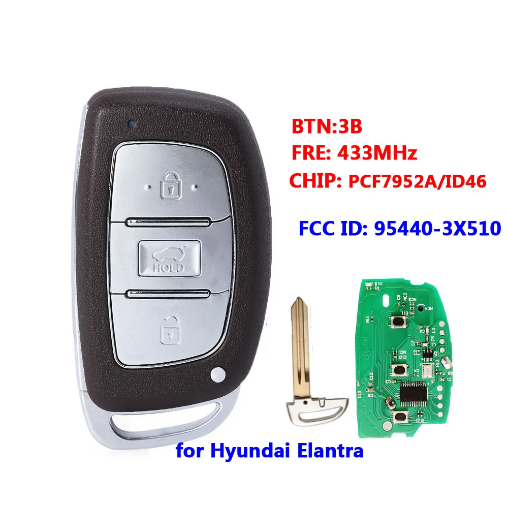 

XNRKEY Smart Remote Car Key Fob 3 Buttons 433Mhz PCF7952A For Hyundai Elantra 2013+ FCC ID: 95440-3X510