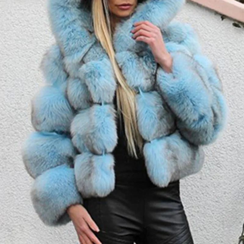 

Luxury Faux Fox Fur Coat Women Short Winter Jacket with Big Fur Hood Thick Warm Overcoat 2021 New Fashion Flurry Fake Fur Coats