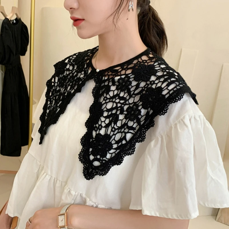 

Floral Lace Fake Collar Shawl Hollow Black White Scarf Pearl Button Mini Cape M17