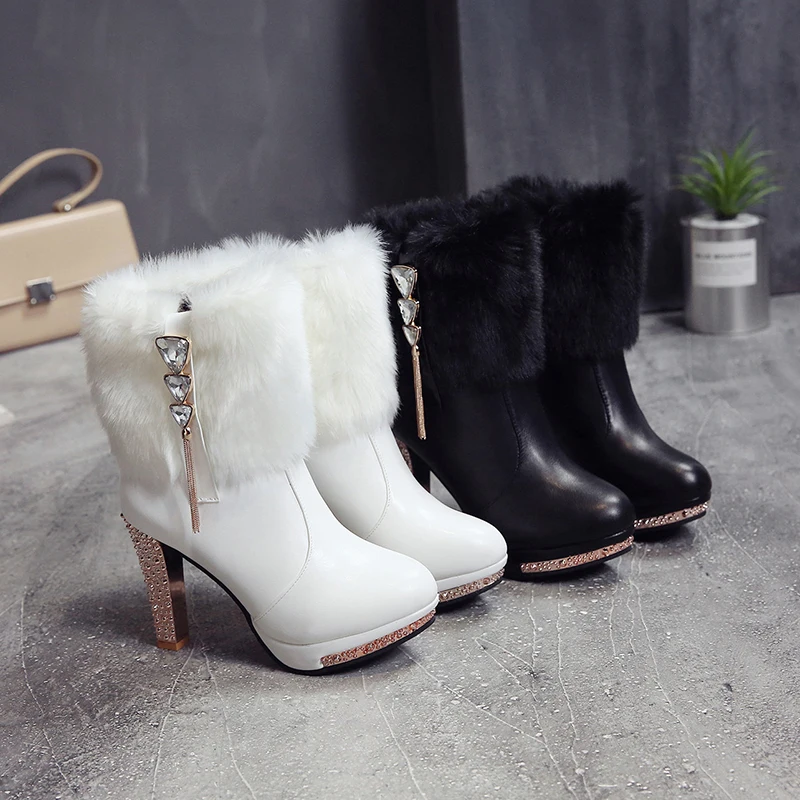 Пикантные ботильоны женские зимние ботинки с лисьим мехом теплые короткие