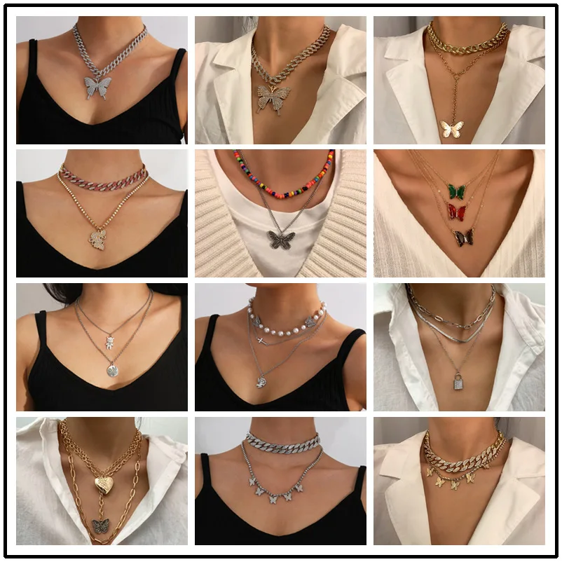 

Fashion New Necklace Retro Multi-Layer Lock Pendant Necklace Trendy Thick Straps Butterfly Necklace for Women gothic layered