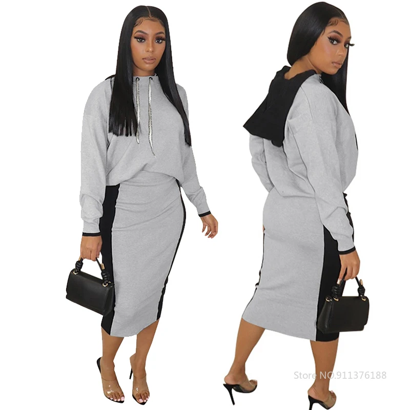 

2 Piece Set Women Skirt and Top Winter Patchwork Long Sleeve Hoodie Outfits Casual Streetwear Sweatsuit Wholesale Dropshipping